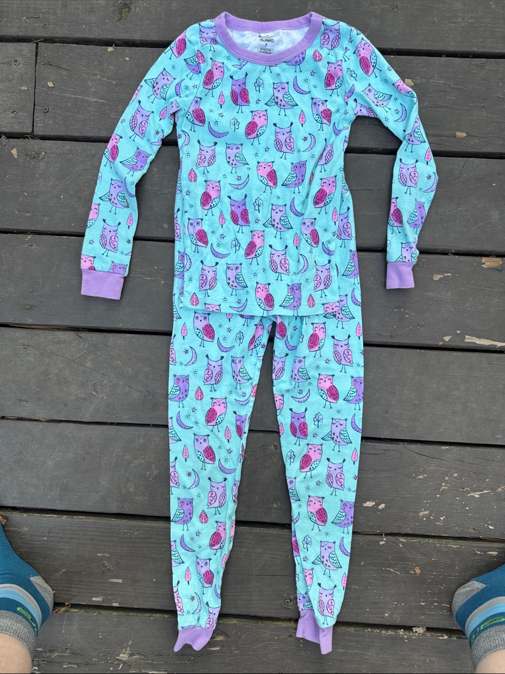 Girls Aqua Owl Print Two-Piece Pajama Set with Purple Trim size 7
